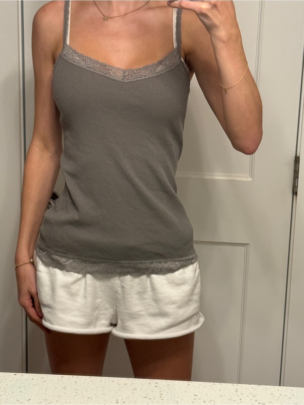 Brandy Melville Taupe Ribbed Lace-Trim Cami
